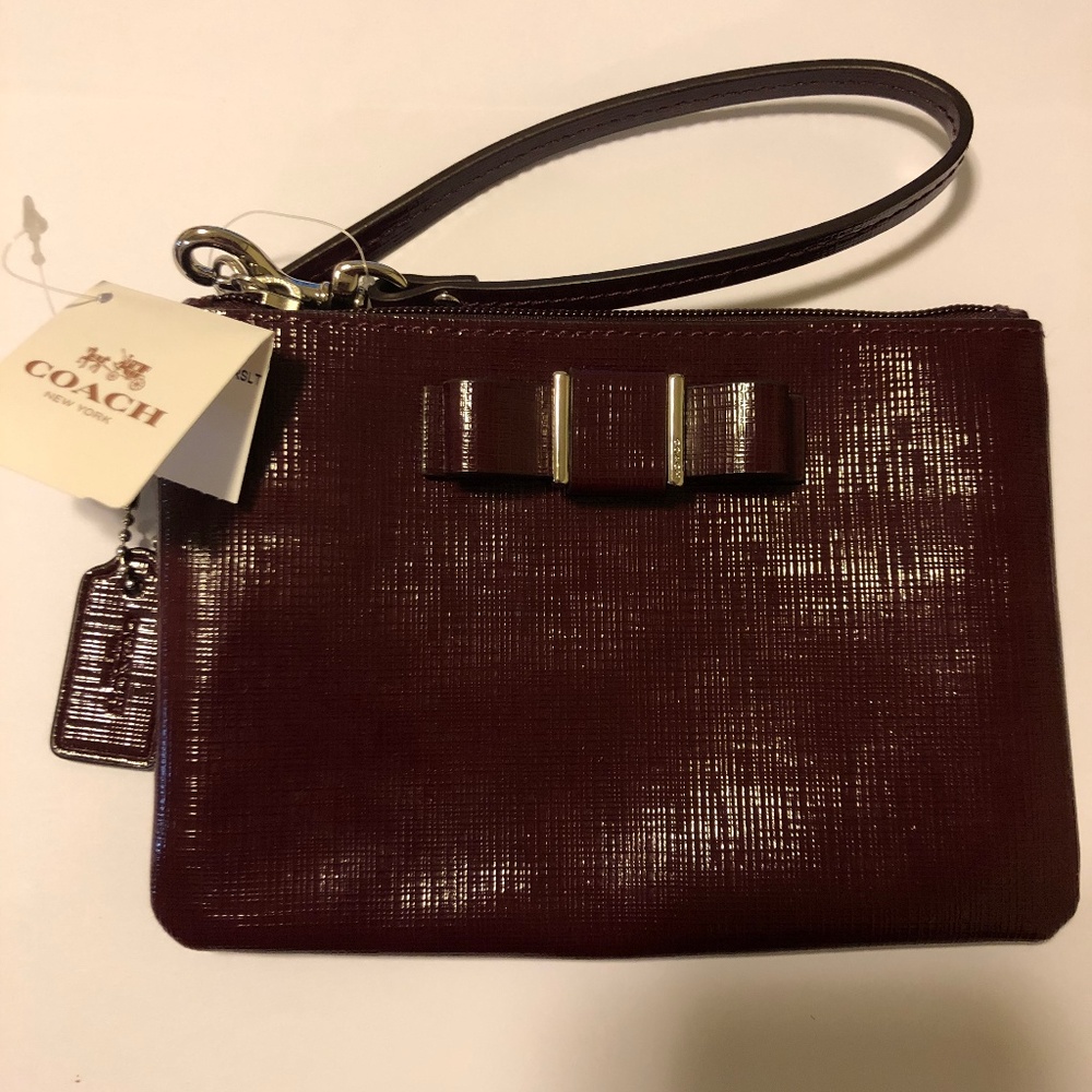 Coach Wine Colored Bow Detail Skinny Wristlet NWT!